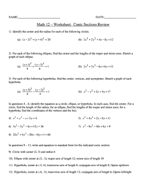 Fillable Online Worksheet Conic Sections Review Sewanhaka High Fillable Online Worksheet Conic Sections Review Sewanhaka High