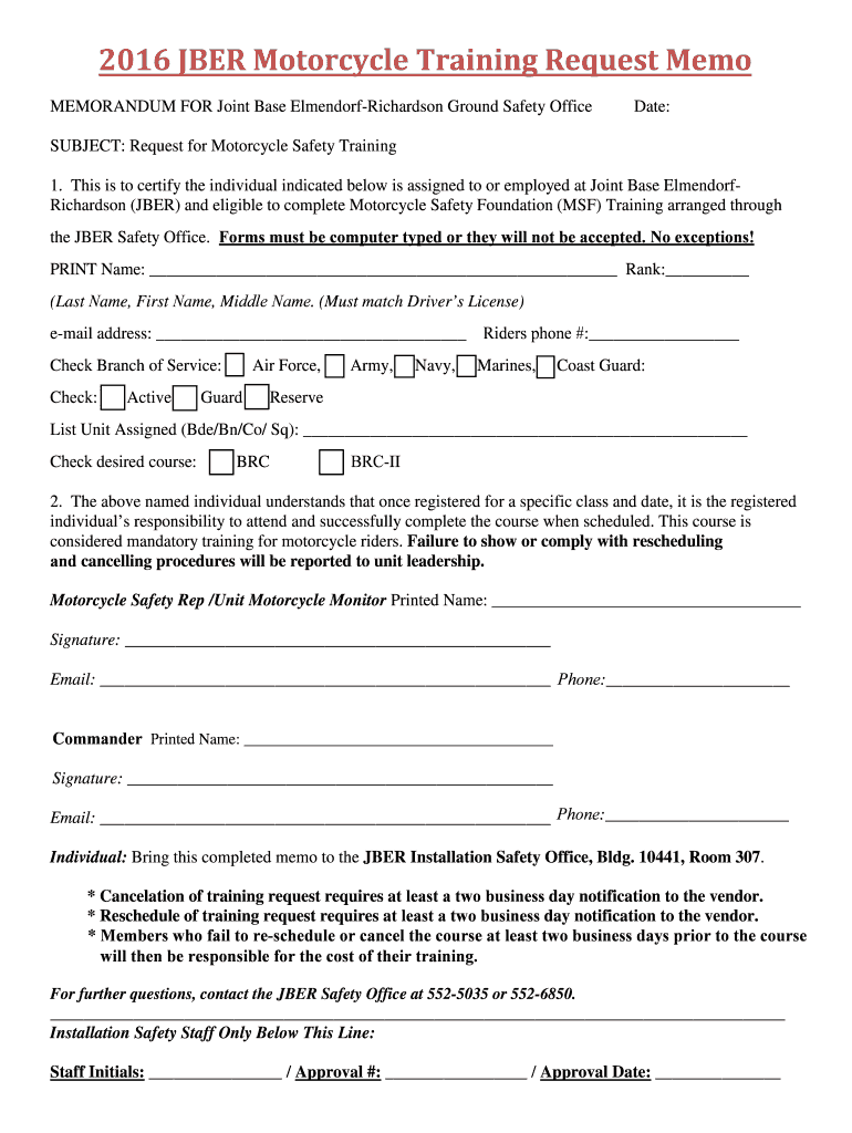 Fillable Online 2016 JBER Motorcycle Training Request Memo Army.mil