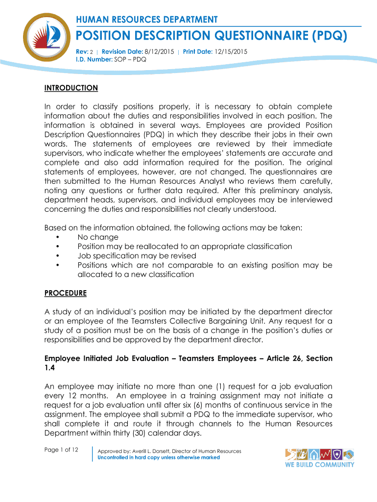 Fillable Online POSITION DESCRIPTION QUESTIONNAIRE (PDQ) Fax Email