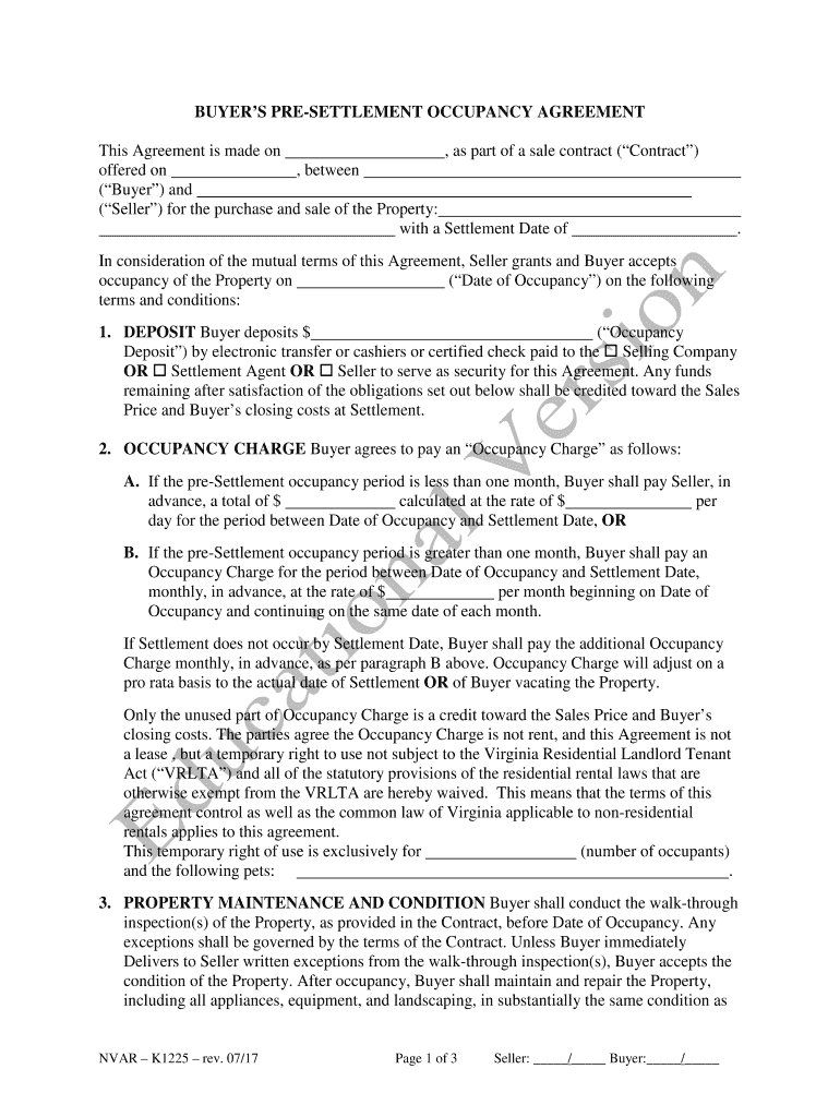 purchasers pre-settlement occupancy agreement - Dulles Area ... Preview on Page 1