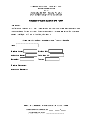 Notetaker Reimbursement Form - Community College of Philadelphia