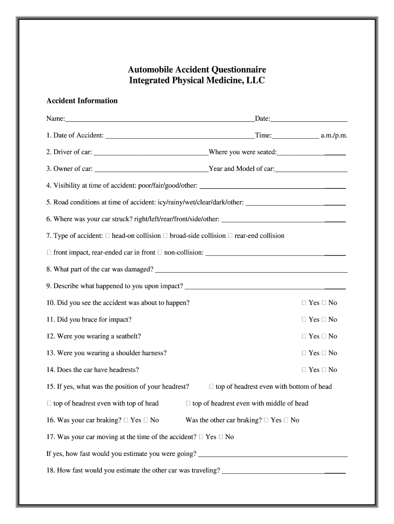 Fillable Online Automobile Accident Questionnaire Integrated Physical ...