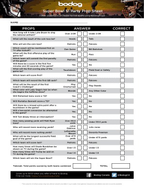 Fillable Online Super Bowl 51 Party Prop Sheet Fax Email Print - pdfFiller