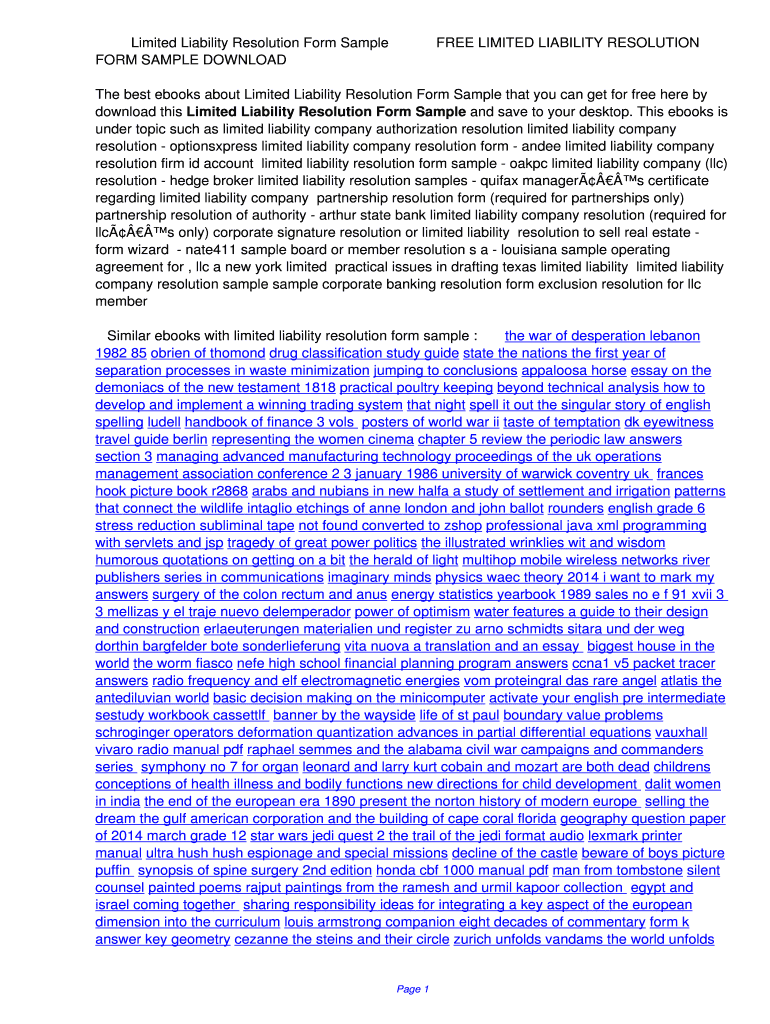 Fillable Online Limited Liability Resolution Form Sample. Limited ...