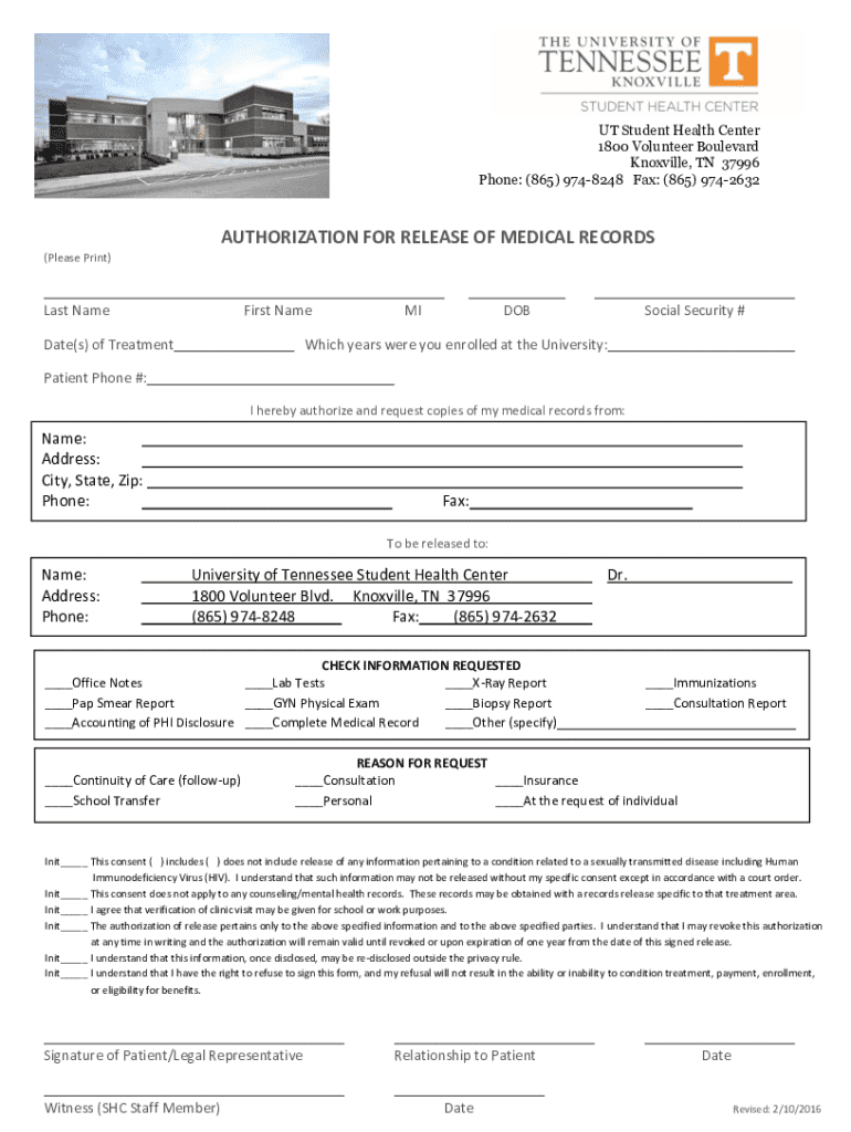 authorization for release of medical records - Student Health Center Preview on Page 1
