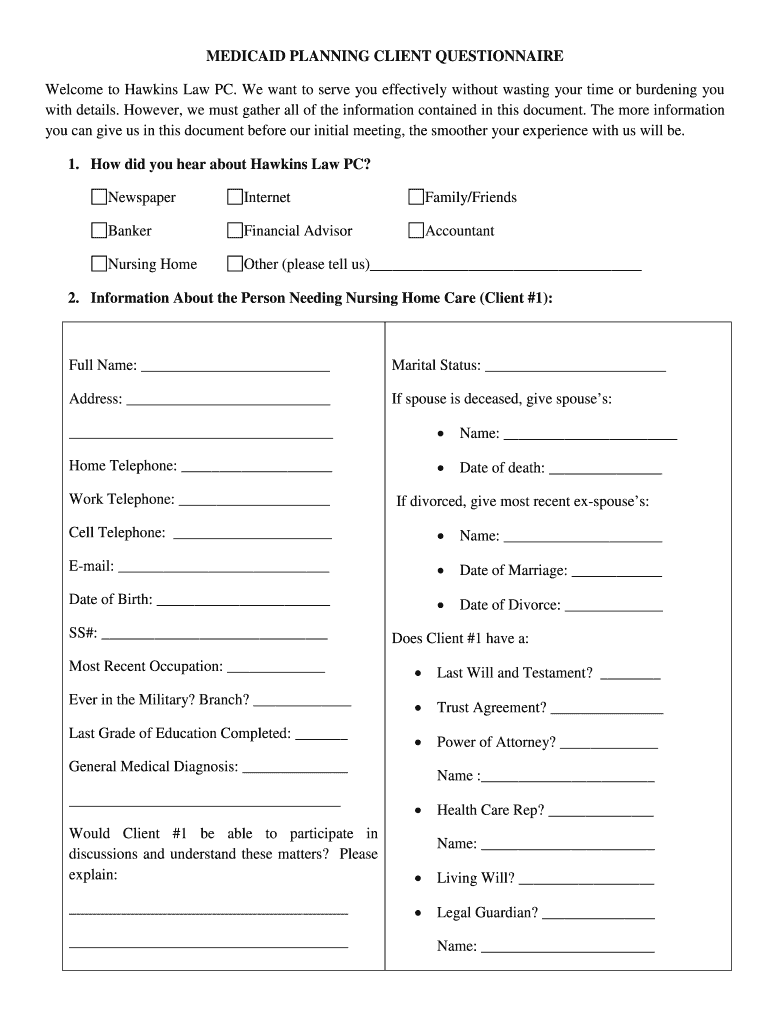 MEDICAID PLANNING CLIENT QUESTIONNAIRE Preview on Page 1