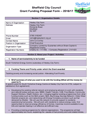 Sheffield City Council Grant Funding Proposal Form 2016/17