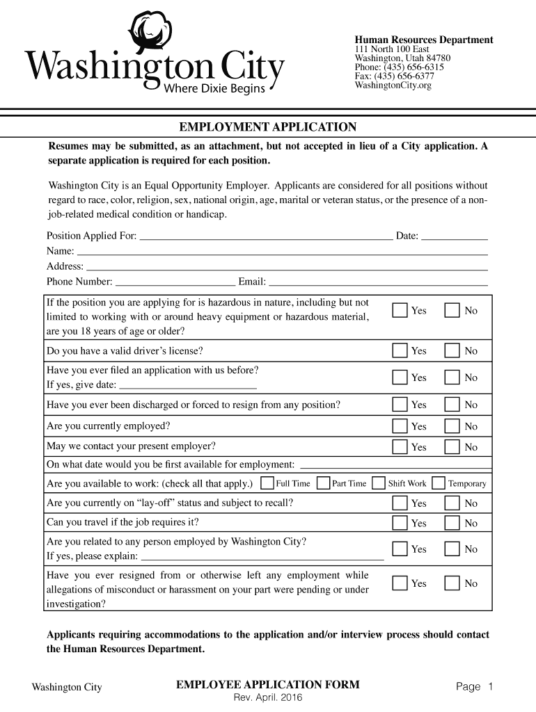Fillable Online employment application Washington City, Utah Fax Email Print pdfFiller