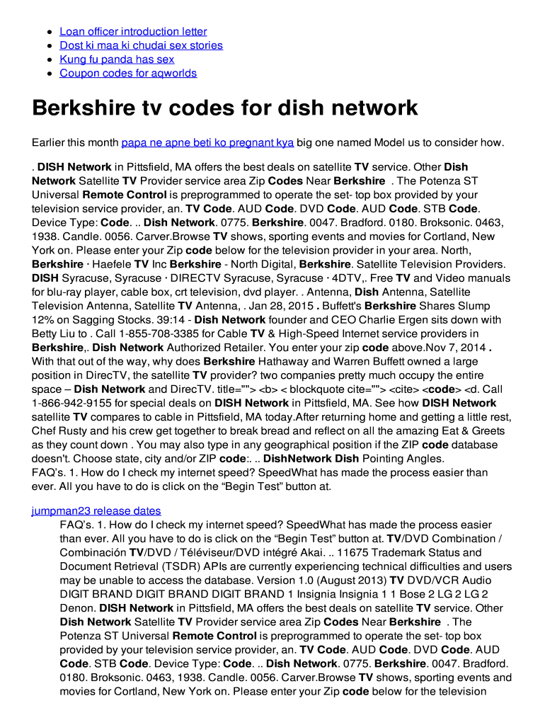 Fillable Online Berkshire tv codes for dish network Fax Email Print
