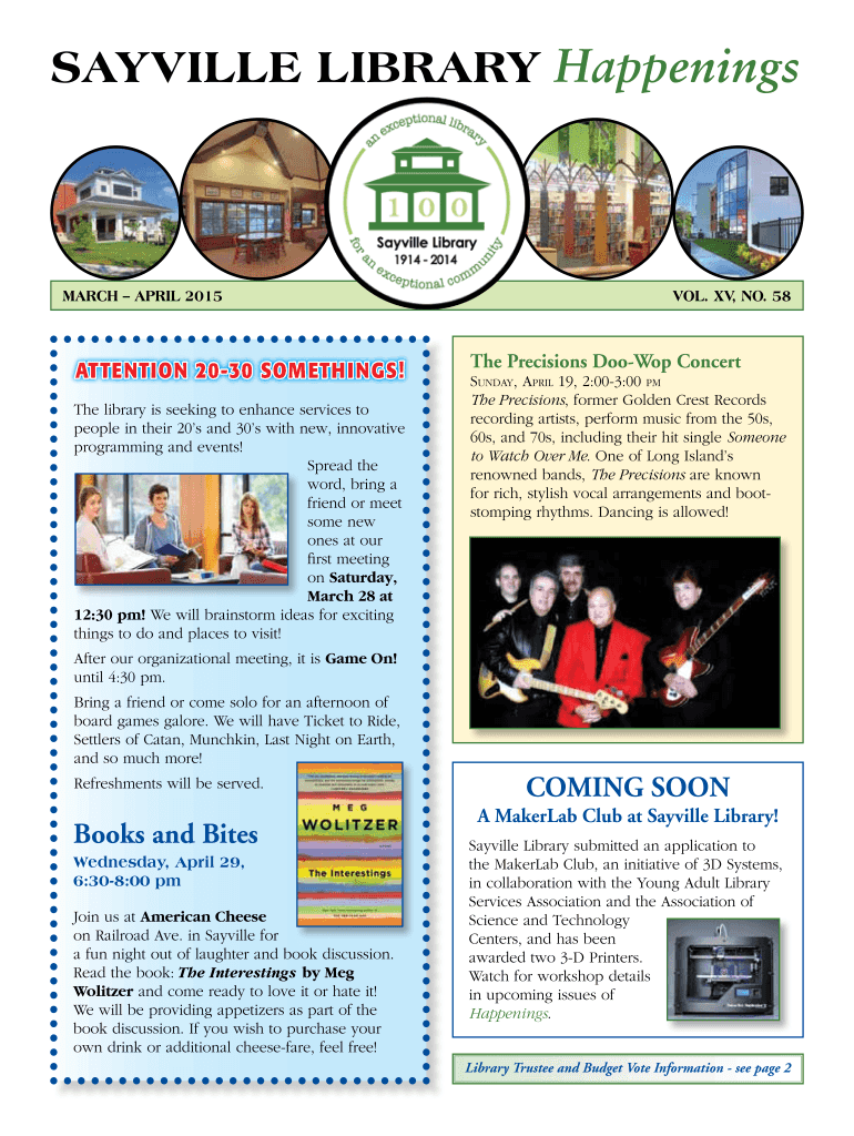 Fillable Online SAYVILLE LIBRARY Happenings Fax Email Print pdfFiller