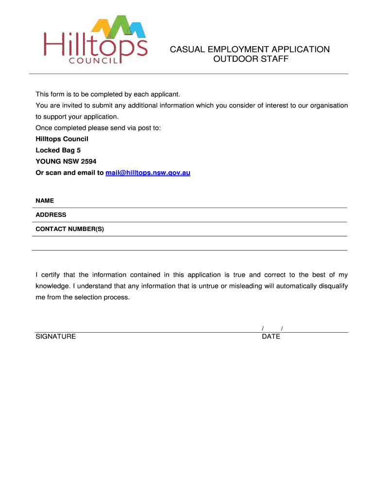 Casual Employment Application Form - Outdoor Staff - Hilltops Council Preview on Page 1