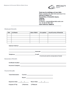Fillable Online Personal Effects / Money / Delayed Baggage Claim Form ...