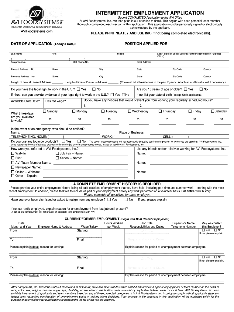 avi employment form Preview on Page 1