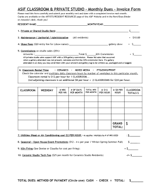 Fillable Online ASiF CLASSROOM &amp; PRIVATE STUDIO Monthly Dues - Invoice ...