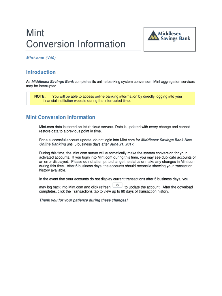 Fillable Online As Middlesex Savings Bank completes its online banking