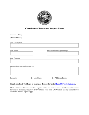 Certificate of Insurance Request Form