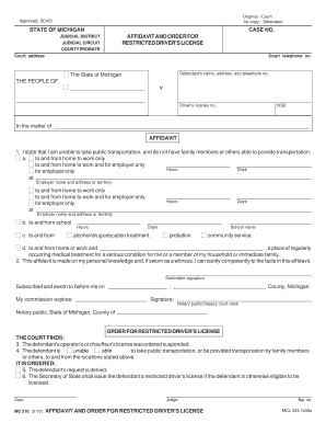 Michigan Affidavit and Order for Restricted Driver's License