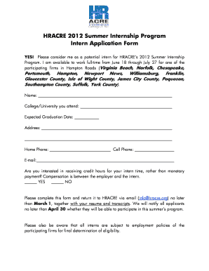 HRACRE 2012 Summer Internship Program Intern Application Form - hracre