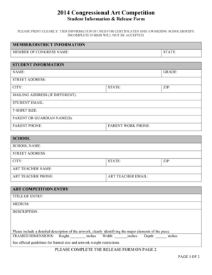 2014 Congressional Art Competition Student Form