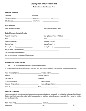 Odyssey of the Mind Medical Release Form