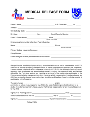 Medical Release Form for Soccer Programs