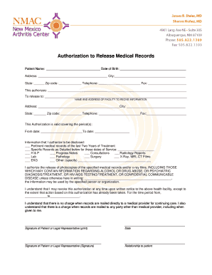 Authorization To Release Medical Records - nmarthritis