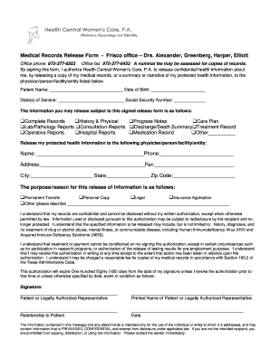 Medical Records Release Form - Frisco office - Health Central Ob/Gyn