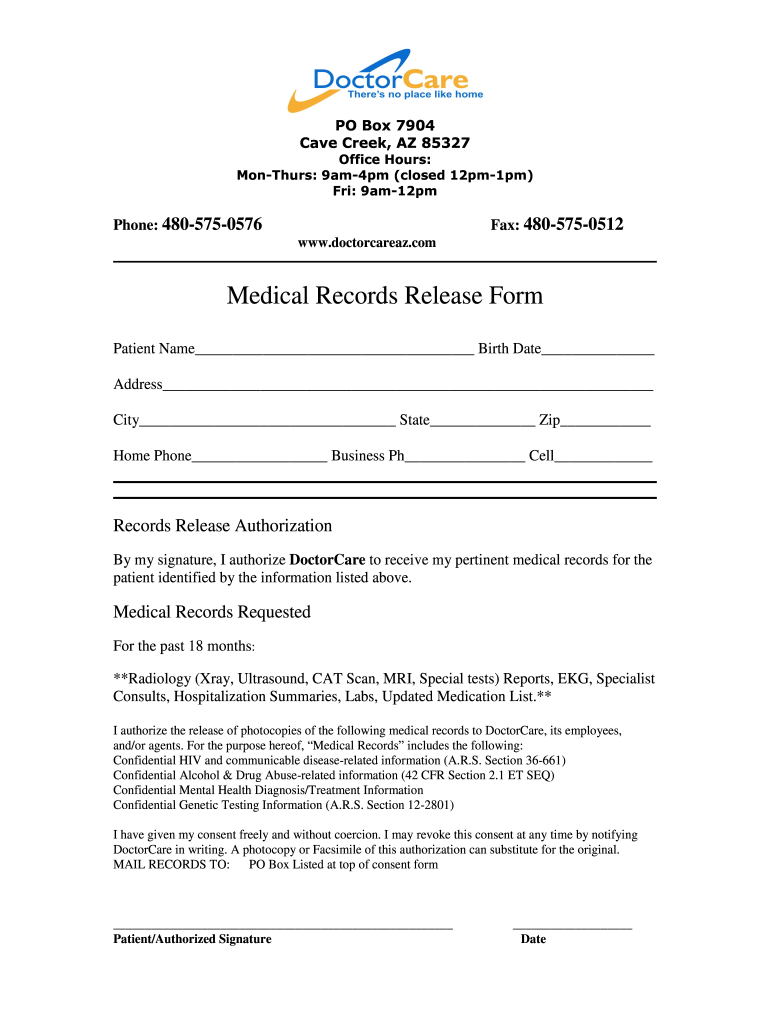 Medical Records Release Form - Doctor Care Arizona: Fill out & sign ...