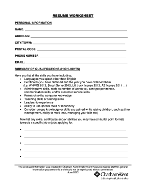 Resume Worksheet