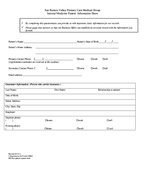 Internal Medicine Patient Information Sheet