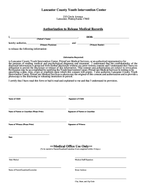 Medical Records Release Form - Youth Intervention Center