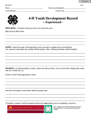 4-H Youth Development Record Form