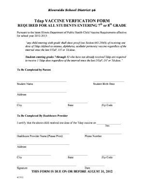 Tdap Vaccine Verification Form