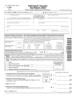 North Carolina D-400 Tax Return 2003