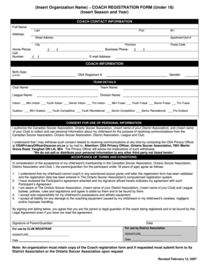 Ontario Soccer Association Coach Registration Form (Under 18)