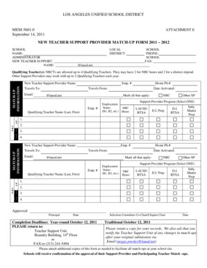 New Teacher Support Provider Match-Up Form