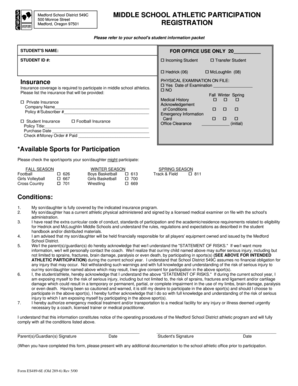 Medford School District Middle School Athletic Participation Form