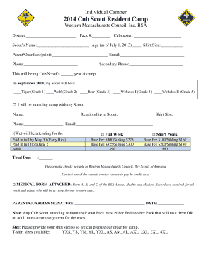 2014 Cub Scout Resident Camp Registration Form
