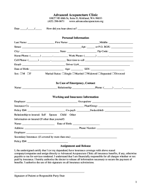 Advanced Acupuncture Clinic Patient Intake Form