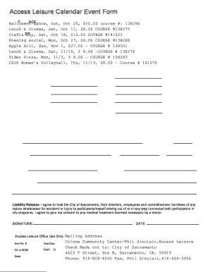 Access Leisure Calendar Event Form