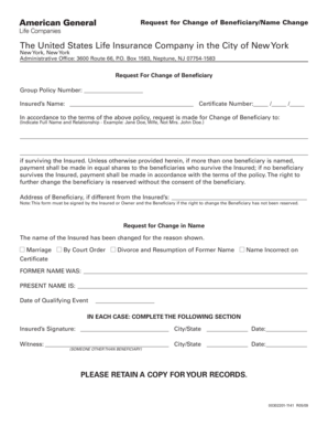 Request for Change of Beneficiary/Name Change