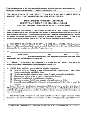 Foreclosure Property Addendum to Contract to Buy and Sell Real Estate