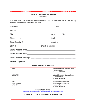 Letter of Request for Medals (Veteran)