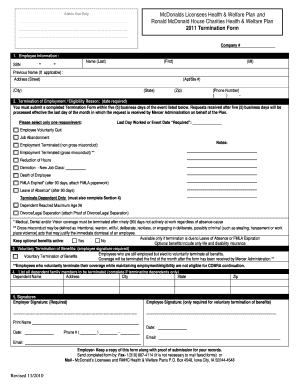 McDonalds Licensees Health & Welfare Plan Termination Form