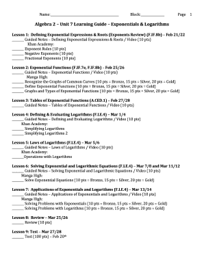 Algebra Unit 7 Learning Guide