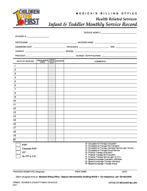 Infant Toddler Monthly Service Record