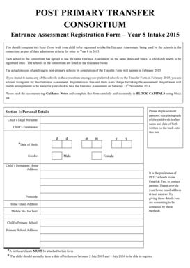 Entrance Assessment Registration Form – Year 8 Intake 2015