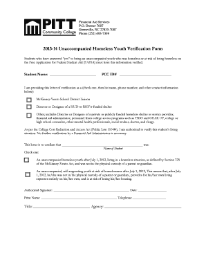 2013-14 Unaccompanied Homeless Youth Verification Form