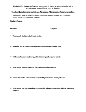 Teacher recommendation form for student - College Office Teacher Questionnaire form for Students (pdf)