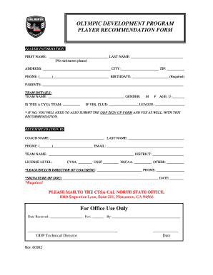 California ODP Player Recommendation Form